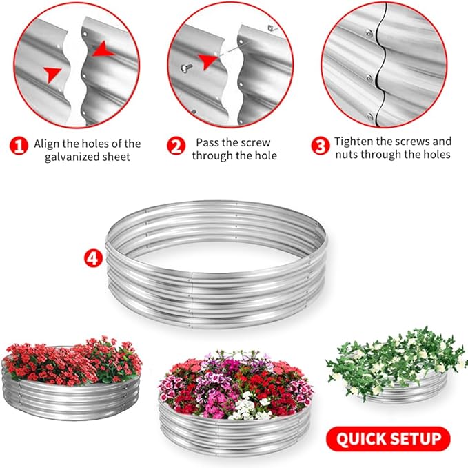 4 ft Galvanized Steel Round Raised Garden Bed, Large Outdoor Metal Planter Box Big Flower Plant pots for Patio Backyard Porch Deck Planting Flowers Vegetables and Herbs (Silver, 4 ft)
