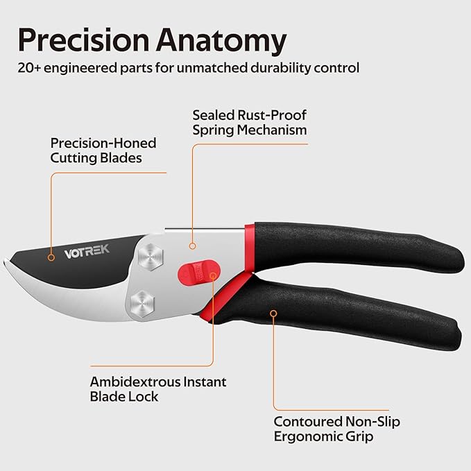 Effortless Pruning Shears: Professional 8.5”Garden Pruner with Jam-Proof Spring & Ever-Sharp SK5 Blade, Ergonomic Bypass Clippers for Rose, Tree Trimming & weak Hand, Heavy Duty Pruning Scissor