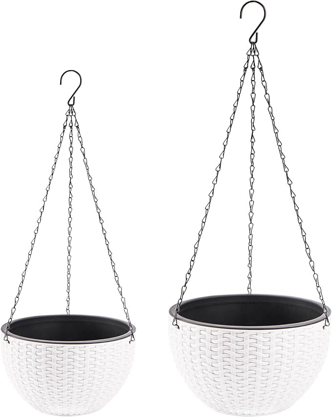 Foraineam 2-Pack Dual-pots Design Hanging Basket Planters Self-Watering Indoor Outdoor Plant & Flower Hanging Pots with Drainer and Chain, 2 Size Assorted (White)