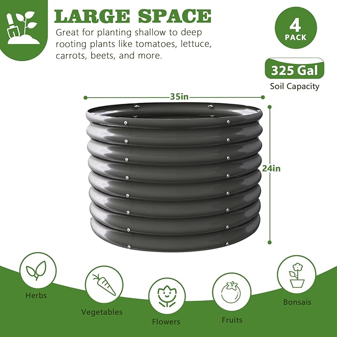 A ANLEOLIFE 4-Pack 3ft x 24” Tall Galvanized Raised Garden Beds Outdoor, Round Metal Planter Box for Planting Vegetables Flowers Herb, Anti-Rust & Easy-Setup, Quartz Grey
