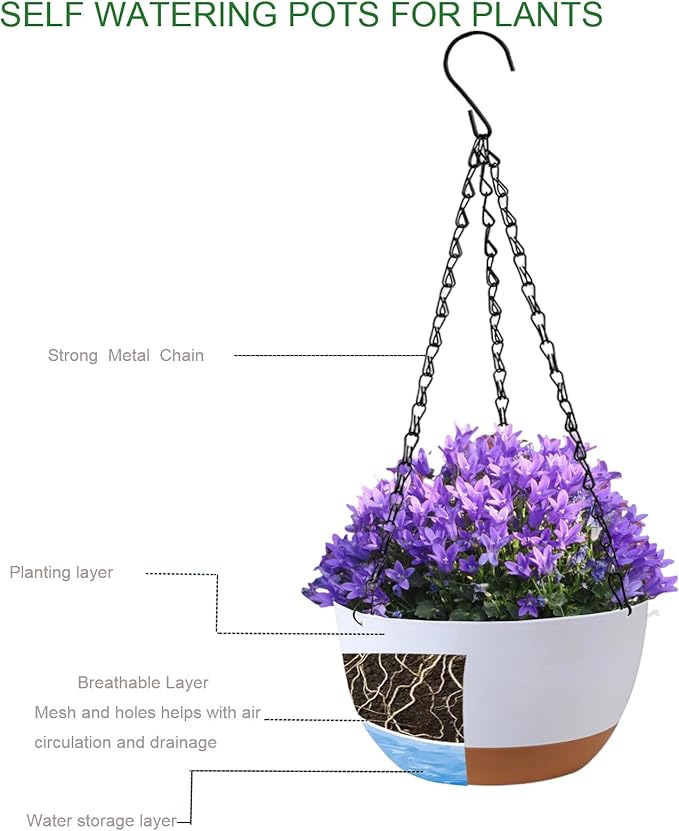 2 Pack 10 Inch Hanging Planters for Indoor Outdoor Plants, Plastic Hanging Basket Flower Plant Pots, Plant Self Watering Pot with Drainage Holes and Saucers for Garden Home (Beige)