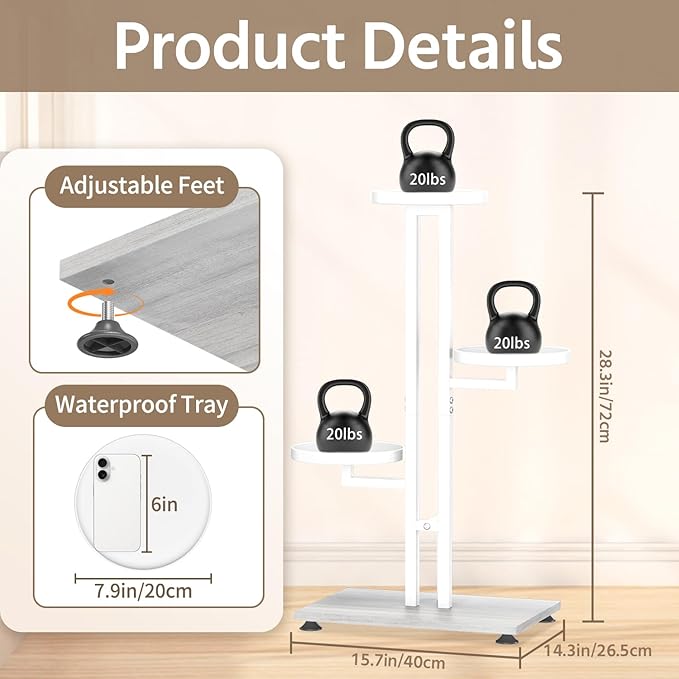 LASZOLA White 3 Tiered Plant Stand Indoors Heavy Duty Metal Rack, Sturdy Multi Level Shleving Hold Flowers, Larger House Decorate Ladder for Planting Inside Tree Herb Cactus, Wooden Base, Space Saving