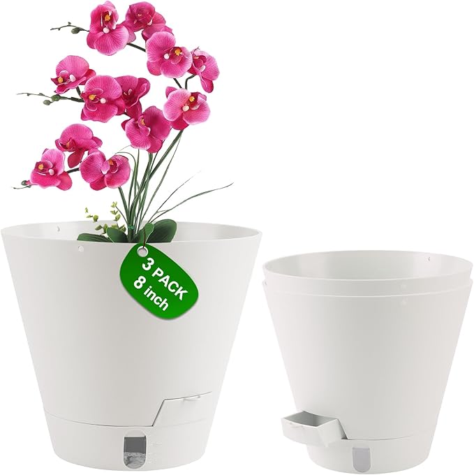 Self-Watering-Pots-for-Indoor-Plants, 8 Inch Flower Pots for Indoor Plants, 3 Pack Plastic Planters with Drainage Holes and Saucers