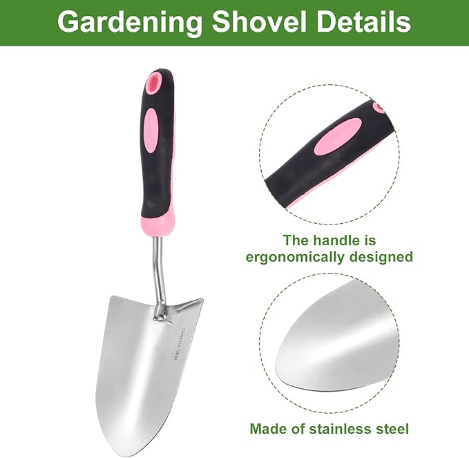 HARFINGTON 2pcs Garden Hand Shovels 13.23 x 3.39 Stainless Steel Transplanting Trowel with Handle Garden Tools for Gardening Weeding Planting, Pink