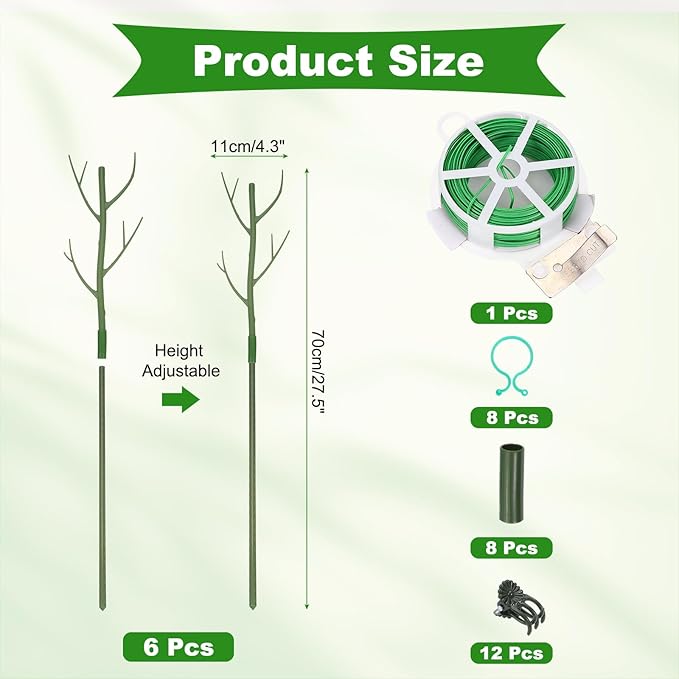 uxcell Plant Support Stakes Set, 6 Pcs Twig Plant Stem Support Structures 27.5" Plants Branches Supports with Extension Poles, Orchid Clips, Plants Tie for House Potted Monstera, Green