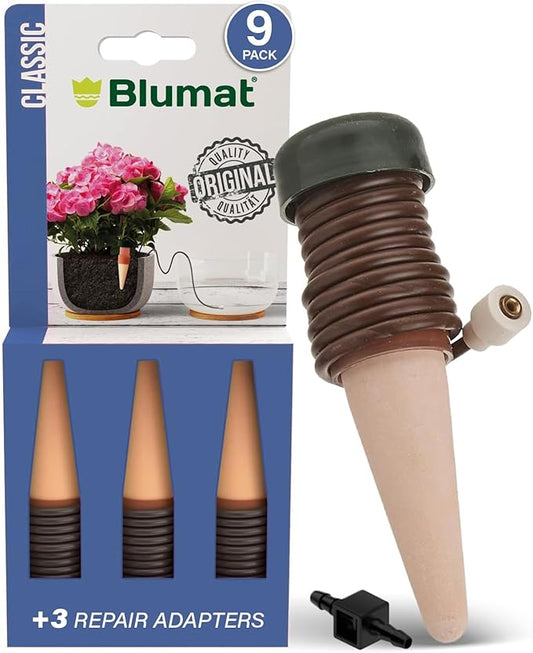 Blumat Classic Self-Watering Stakes - Automatic Drip Irrigation System for Indoor Plant Watering & Outdoor - Water Drip Solution for Potted Plants - Slow Release Stakes, 9 Pack, w Adapter