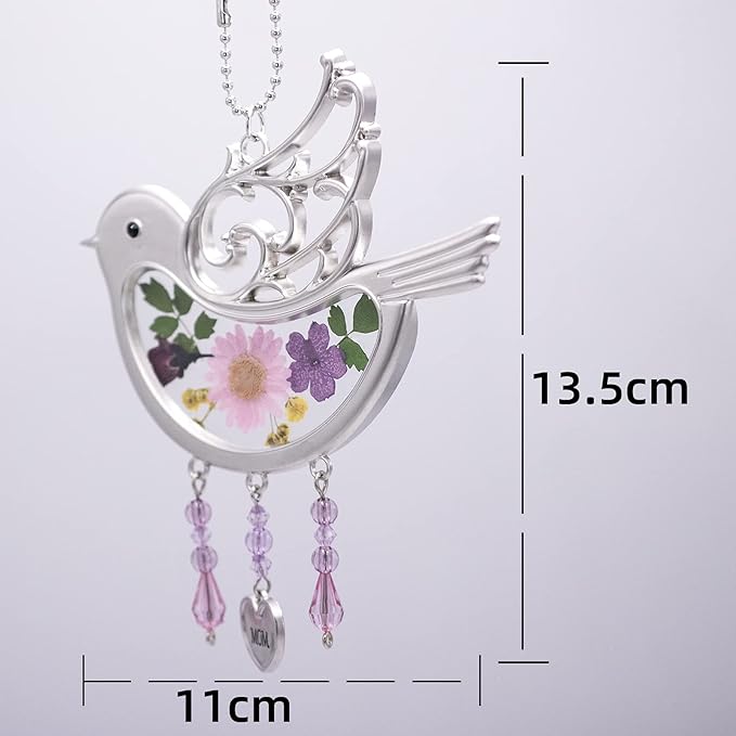 Laraine Bird Suncatcher with Pressed Flower Wings Mather's Day Birdie Glass Wind Chime Ornament Charm with Metal Heart Gifts for Mom Grandma Aunt Birthday (Pink, Mom)