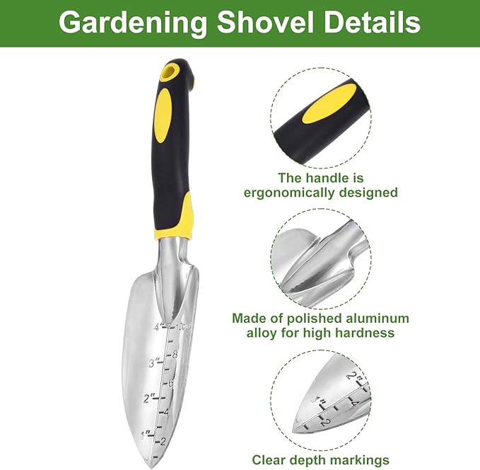HARFINGTON 3pcs Garden Tools Set Metal Garden Hand Shovels and Hand Rake Tools Kit for Gardening Planting Weeding, Yellow