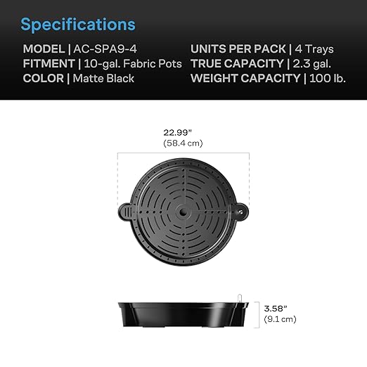 AC Infinity Self-Watering Fabric Pot Base XL, 4-Pack Auto-Irrigation Water Delivery System with Reservoir Meter, Extra Large Elevated Plant Saucers for Indoor Grow Tents, Greenhouses, Outdoor Gardens
