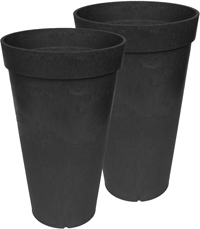 Tierra Verde 2-Pack Indoor & Outdoor Self-Watering Tall Round Planters, Aria, 12.5" x 20", Black - Planter Containers for Plants and Flowers - Gardening and Landscaping Accessories