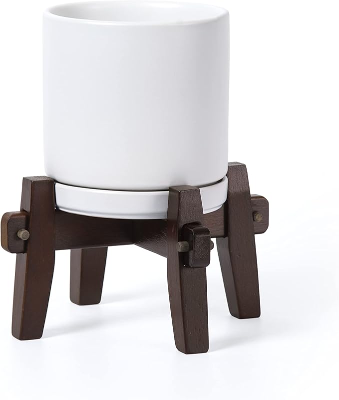 D'vine Dev Ceramic Planter with Wood Stand - 6 Inch Mid Century Modern Cylinder Plant Pot Set for Indoor Plants & Flowers, White, 55-A-Z-1
