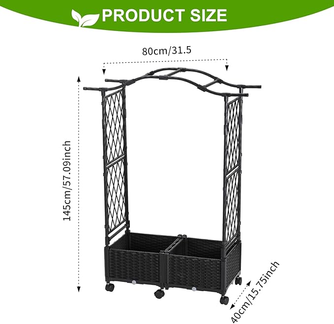 lalahoni Planter with Trellis, 4.6ft Trellis Planter Self-Watering Box with Wheels Outdoor Plants Tomato Flower Vegetable Herb Garden Patio Balcony Indoor, Plastic Raised Bed Trellis Drainage Hole
