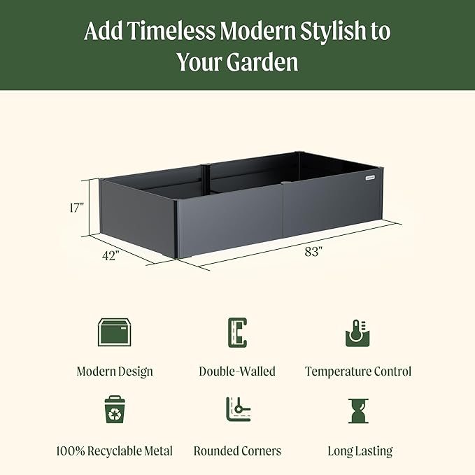 Vego garden Modern Raised Garden Bed 17" Tall 42" x 83" Heavy Large Metal Planter Box for Trees Plants Flowers Double-Walled Steel Planters for Commercial Residential Patio, Urban Charcoal