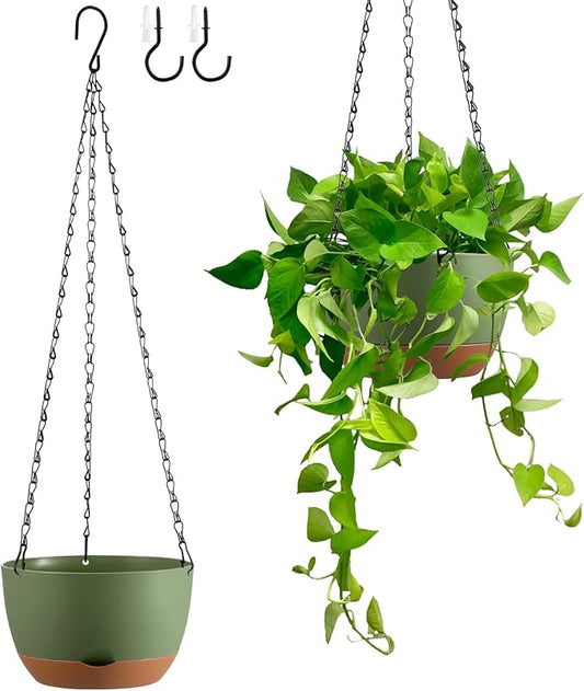 Set of 2 8 Inch Self Watering Hanging Planters for Indoor Outdoor Plants, Color Blocking Hanging Baskets Flower Pots with Drainage Hole & Removable Water-Storage Tray