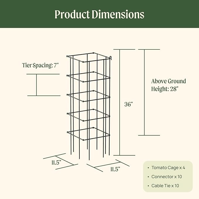 Vego garden 4 Pack 11.5" Square Tomato Cage for Garden & Pots, Rust-Resistant Tomato Stakes Plant Cage Trellis Support for Climbing Vegetables Plants