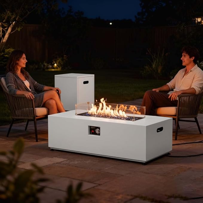 42" Propane Fire Pit Table Set with Tank Holder, Rectangle 2-Piece Outdoor Firepit Wind Guard, Lid, Glass Stones and Cover
