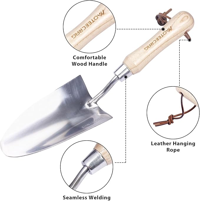 Heavy Duty Garden Trowel Stainless Steel Hand Shovel with Comfortable Grip Wood Handle for Digging, Weeding and Transplanting