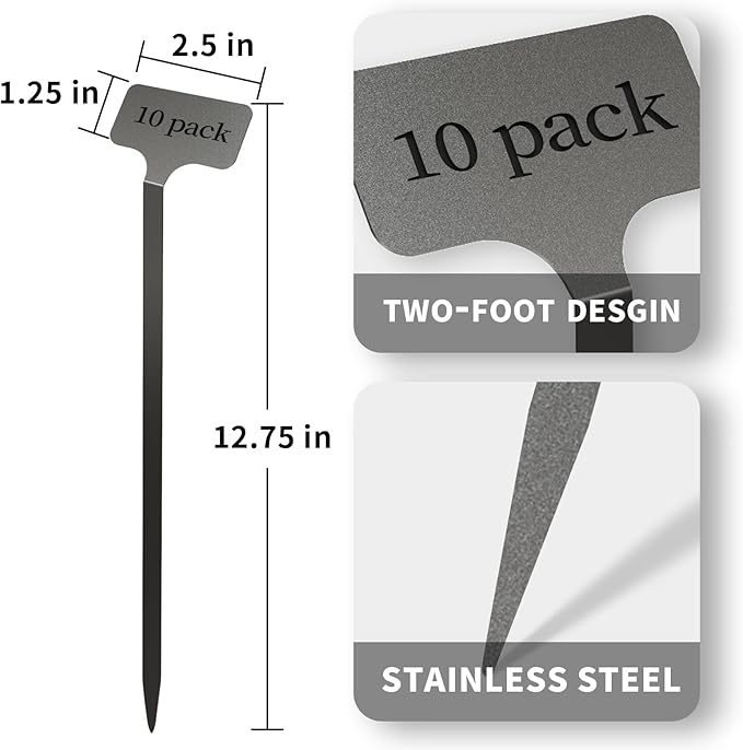 Stainless Steel Plant Labels,Metal Waterproof Plant Markers, Height 12.75 in, Label Area 2.5 in*1.25 in resuable Nursery Tags for Vegetables herb Flower Seed Green House 10-Pack