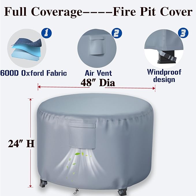 Chinchilla Heavy Duty 48 Inch Round Fire Pit Cover - 100% Waterproof & Weatherproof, Durable All-Season Protection for 45/46/47/48 Inch Propane Fire Pits and Tables