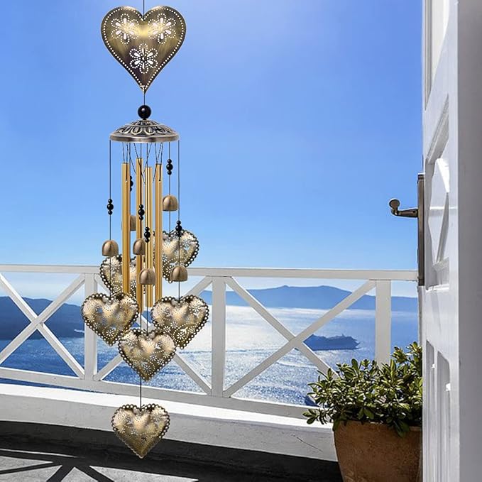 Garden Loving Heart Wind Chimes Outdoor Indoor Decor - with 4 Tubes 6 Bells 7 Hearts Mobile Romantic Wind Catcher, Heart Shaped Windchimes for Home, Mom Gifts, Balcony, Festival, Garden Decoration