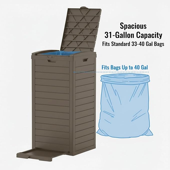 31 Gallon Resin Trash Can Cabinet with Lid & Drip Tray - Waterproof Outdoor Garbage Bin for Patio, Kitchen, Yard, and Entertaining Areas - Easy Assembly, No Tools Required