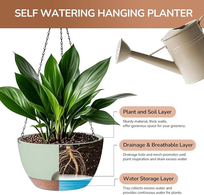 Hanging Planter for Indoor Plants, 10 Inch Self-Watering Hanging Planters with Drainage Holes and Chain, Set of 2 Outdoor Hanging Pots for Garden Home