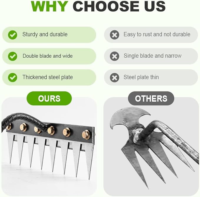 2025 New Iron Weeding Rake 2.0, 5/6/7/8 Teeth Carbon Steel Garden Weeding Rakes, Iron Rake for Gardening and Weeding, Heavy-Duty Garden Weed Puller Tool for Lawn Yard Garden Farm (6Teeth)
