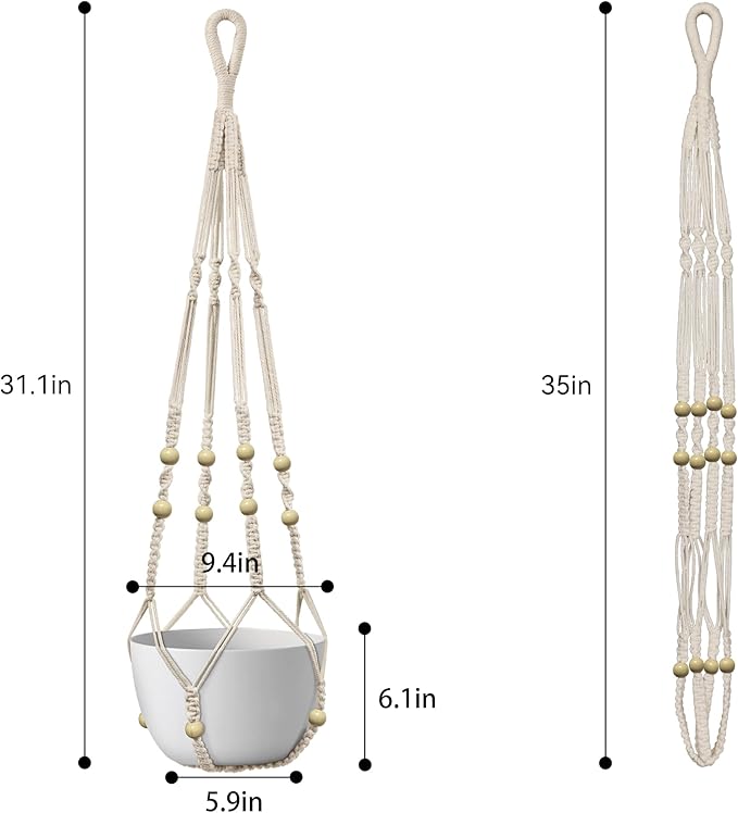 USLAI Macrame Plant Hanger Indoor Outdoor, Up to 4-15 inch Pot, Strong Hanging Planter Basket, Boho Home Decor, 35 Inch, Ivory, Set of 3 (POTS NOT Included)