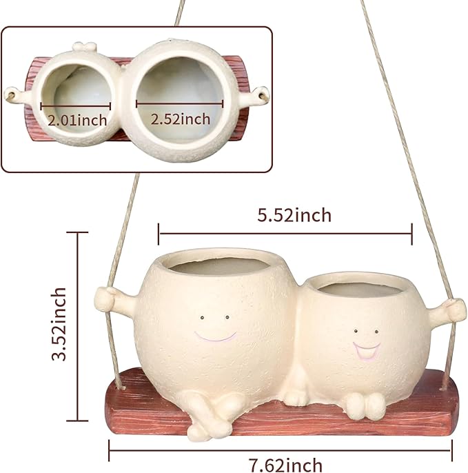 Swing Face Planter Pot Cute Hanging Double Head Flower Planters for Indoor Outdoor Plants Resin Succulent Pots for String of Pearls Plant Live Gift Ideas for Mother Teacher Christmas (Khaki)