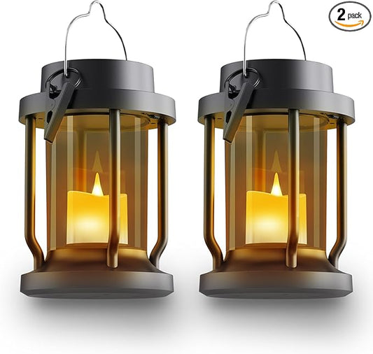 Solar Lantern Outdoor & Indoor Use – Hanging Solar Lights with Realistic Flickering Flameless Candle, Weatherproof for Gardens, Patios, Trees, and Lawns (Black + Gray, 2 Pack)