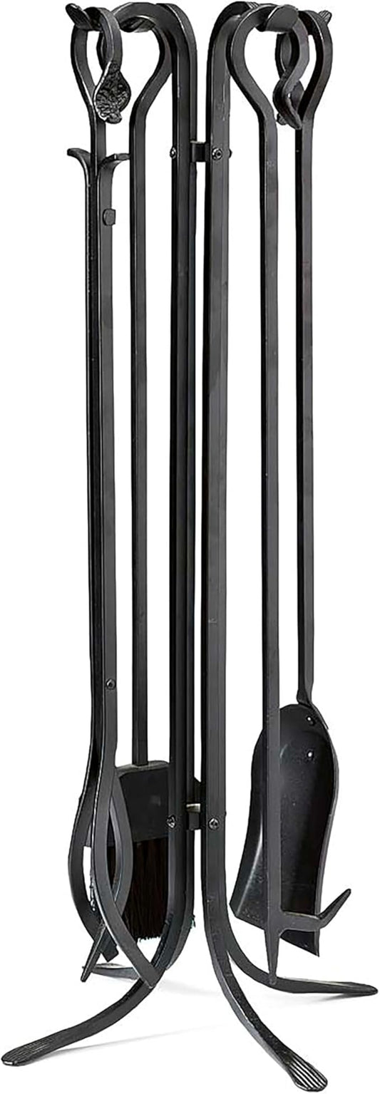 Plow & Hearth 5 Piece Hand Forged Iron Compact Fireplace Tool Set 27.5" | Black Wrought Iron Handle for Outdoor Indoor | Stand Poker Shovel Brush Log Tongs Wood Stove Accessory