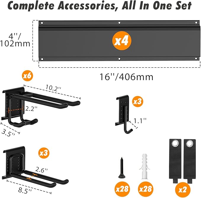 Housolution Heavy Duty Garden Tool Organizer 64 Inch - 18Pack Carries 570 lbs, Garage Tool Organizer Storage System, 4 Rails with 12 Adjustable Hooks, Tool Holder Wall Mount for Warehouse, Workshop