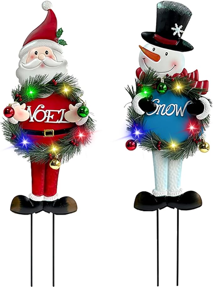 Solar Christmas Yard Decorations Outdoor - 2 Pack Metal Xmas Yard Signs 30” Snowman Santa Claus Lighted Garden Stakes with Colorful Lights for Garden Pathway Holiday Winter Lawn