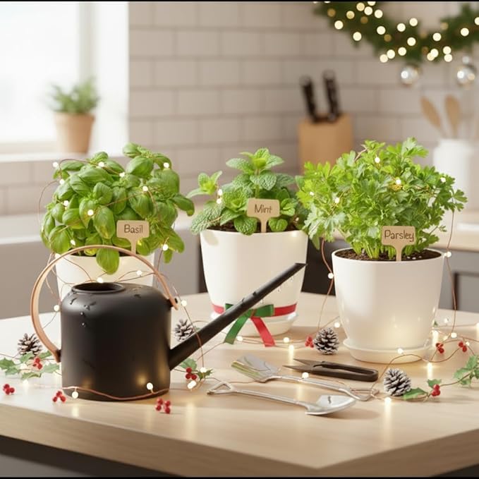 Indoor Garden Kit - Plant Pots with Drainage, Watering Can & Tools - Ideal Windowsill Planter Set - Modern Home & Kitchen Decor Gift - White