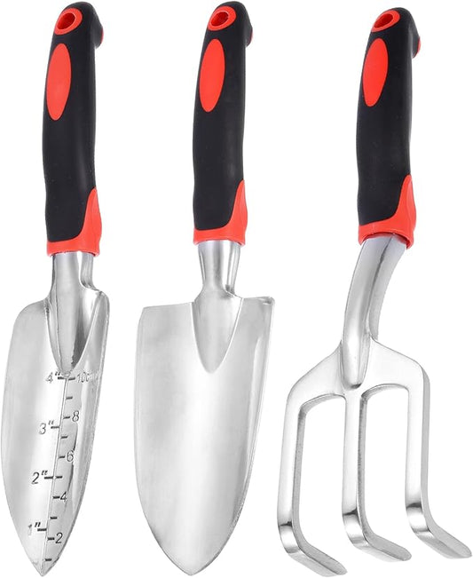 HARFINGTON 3pcs Garden Tools Set Metal Garden Hand Shovels and Hand Rake Tools Kit for Gardening Planting Weeding, Red