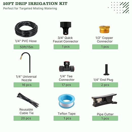 A ANLEOLIFE 50FT Drip Irrigation Kit, Automatic Irrigation System with 360° Bendable Atomizing Copper Nozzles, Quick-Connect Tubing for Patio, Lawn, Greenhouse, Potted Plants - Adjustable Water Flow
