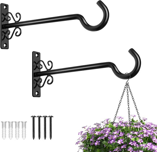 BOLITE Plant Hangers, 8 Inch Plant Hooks for Wall Indoor Outdoor, Metal Hooks for Hanging Hummingbird Feeders, Bird Feeders, Planters, Lanterns, Wind Chimes, 2 Pack, Black, Gifts for Women Men