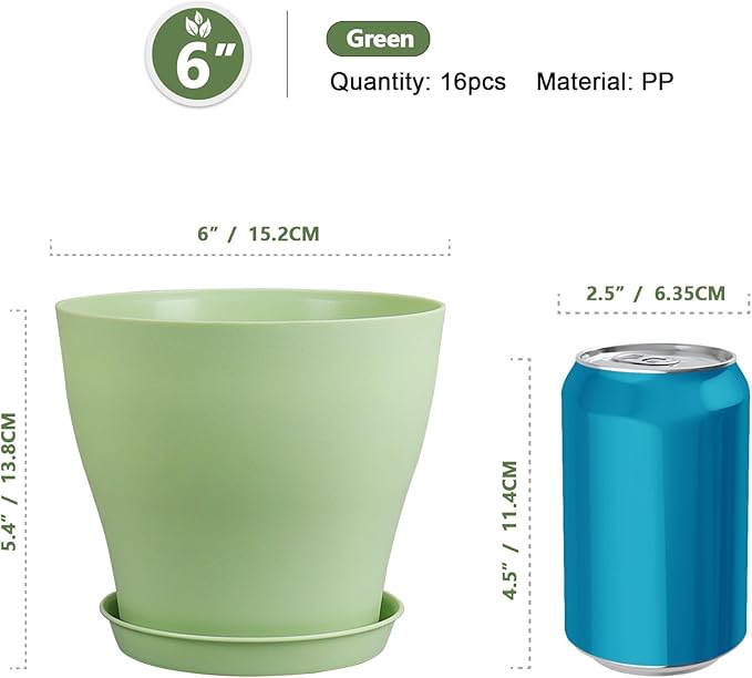 6 inch Plastic Nursery Pots,16 Pack Plant Pots for Small Indoor Outdoor Plants, Flower Pots with Drainage Holes and Saucers, Decorative Seedling Starter Planters for House Plants, Green