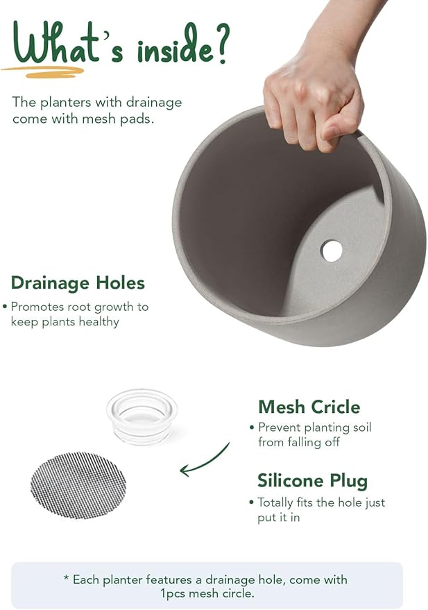 LE TAUCI 8 Inch Plant Pot, Ceramic Pot with Drainage Hole & Rubber Plug, Indoor Planter for Herbs & Small Houseplants, Cylinder Planter for Home Office, Neutral Gray