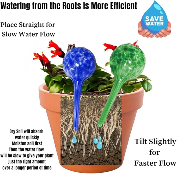 Evelots Plant Watering Globes (6 Pack) - Hand Blown Glass - Automatic Water Irrigation System - Indoor/Outdoor - Leave Your Home Worry Free