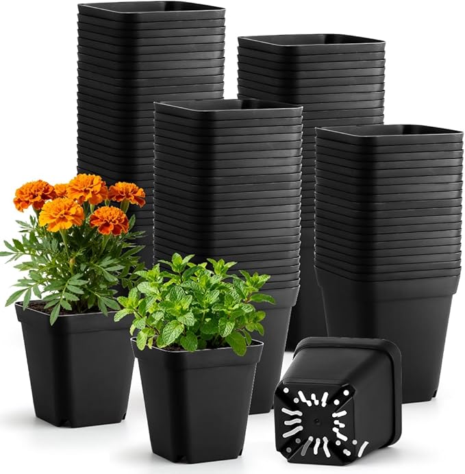 BTPLASTIK Square Nursery Pots 2.7 Inch 180 Pcs, Plastic Seed Starting Pot with Drainage Holes, Sturdy Seedling pots for Planting, Cuttings (Black)