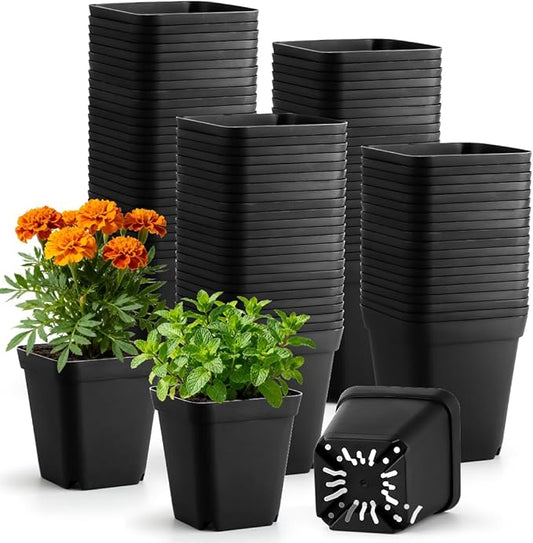 BTPLASTIK Square Nursery Pots 2.7 Inch 180 Pcs, Plastic Seed Starting Pot with Drainage Holes, Sturdy Seedling pots for Planting, Cuttings (Black)