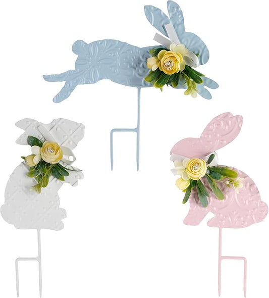 Set of 3 Rabbit Garden Stakes - Blue White Pink Metal Silhouettes with Flower Collars, Whimsical Lawn Decor for Flower Beds & Spring Yard