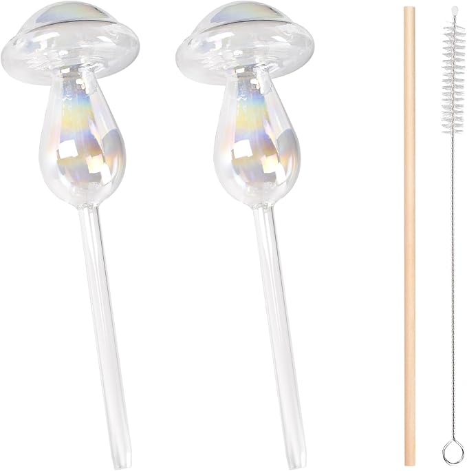 Plant Watering Globes- 2Pcs Iridescent Rainbow Glass Water Bulbs Mushroom Self Watering Spikes Planter Insert Automatic Plant Watering Bulbs Devices for Indoor and Outdoor Plants
