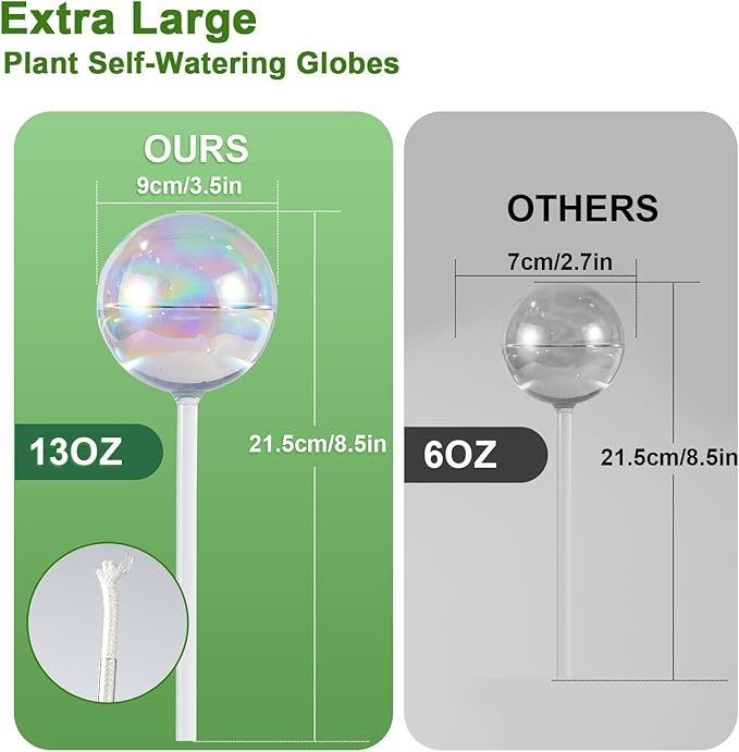 13 oz Up to 15 Days Extra Large Plant Watering Globes 2PCS, Light Iridescent Glass Self Water Bulbs for Indoor Outdoor Plants, Vacation Automatic Planter Waterer System Self-Watering Stakes