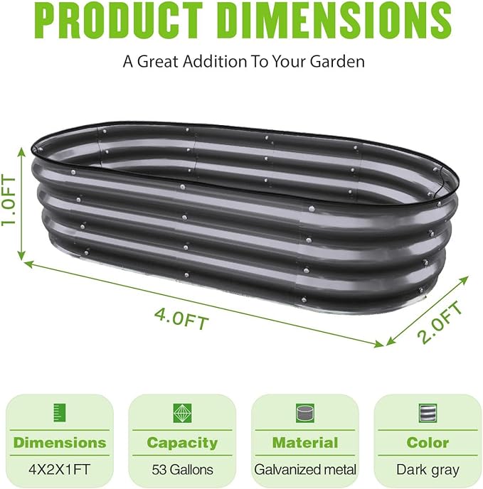 GrowHaus 2 Pack 4x2x1FT Galvanized Raised Garden Bed, Planter Boxes Outdoor Metal Garden Beds for Planting Vegetables Flowers Herbs Dark Gray