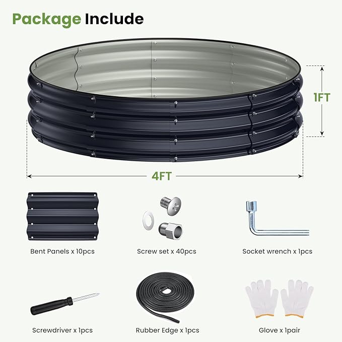 Galvanized Raised Garden Bed, 4x4x1 FT Round Raised Garden Bed for Gardening, Large Metal Planter Box for Vegetables Flower Herb(Midnight Gray)