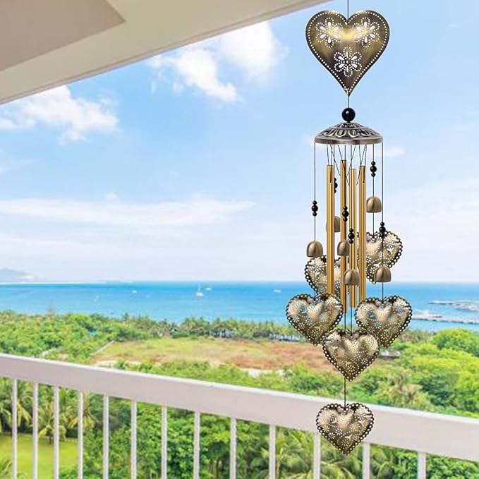 Garden Loving Heart Wind Chimes Outdoor Indoor Decor - with 4 Tubes 6 Bells 7 Hearts Mobile Romantic Wind Catcher, Heart Shaped Windchimes for Home, Mom Gifts, Balcony, Festival, Garden Decoration