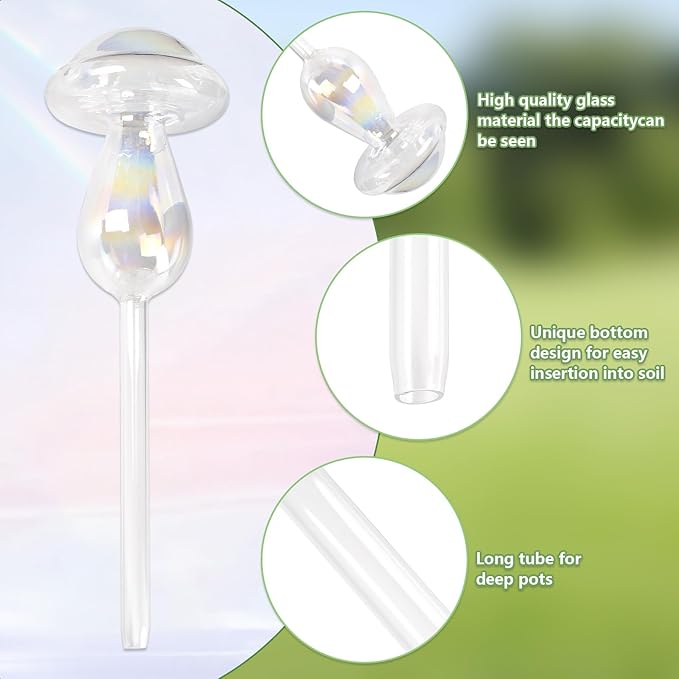 Plant Watering Globes- 2Pcs Iridescent Rainbow Glass Water Bulbs Mushroom Self Watering Spikes Planter Insert Automatic Plant Watering Bulbs Devices for Indoor and Outdoor Plants