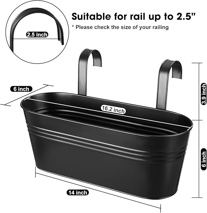 3 Pcs Large Balcony Planters Railing Hanging Flower Pots- 16.2 Inch Metal Railing Planter Box Fence Planters for Outdoor Plants with Detachable Hooks and Drain Holes for Garden Decor (Black-16.2inch)